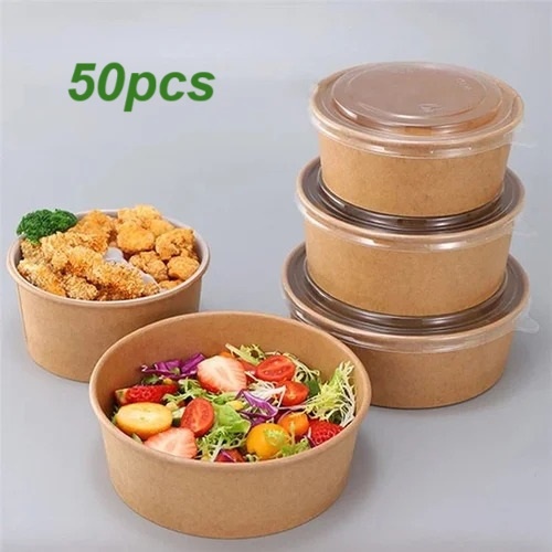 【RETAIL】50pcs PE Coated KraftSalad Bowl & Lid 16/25/32/42oz